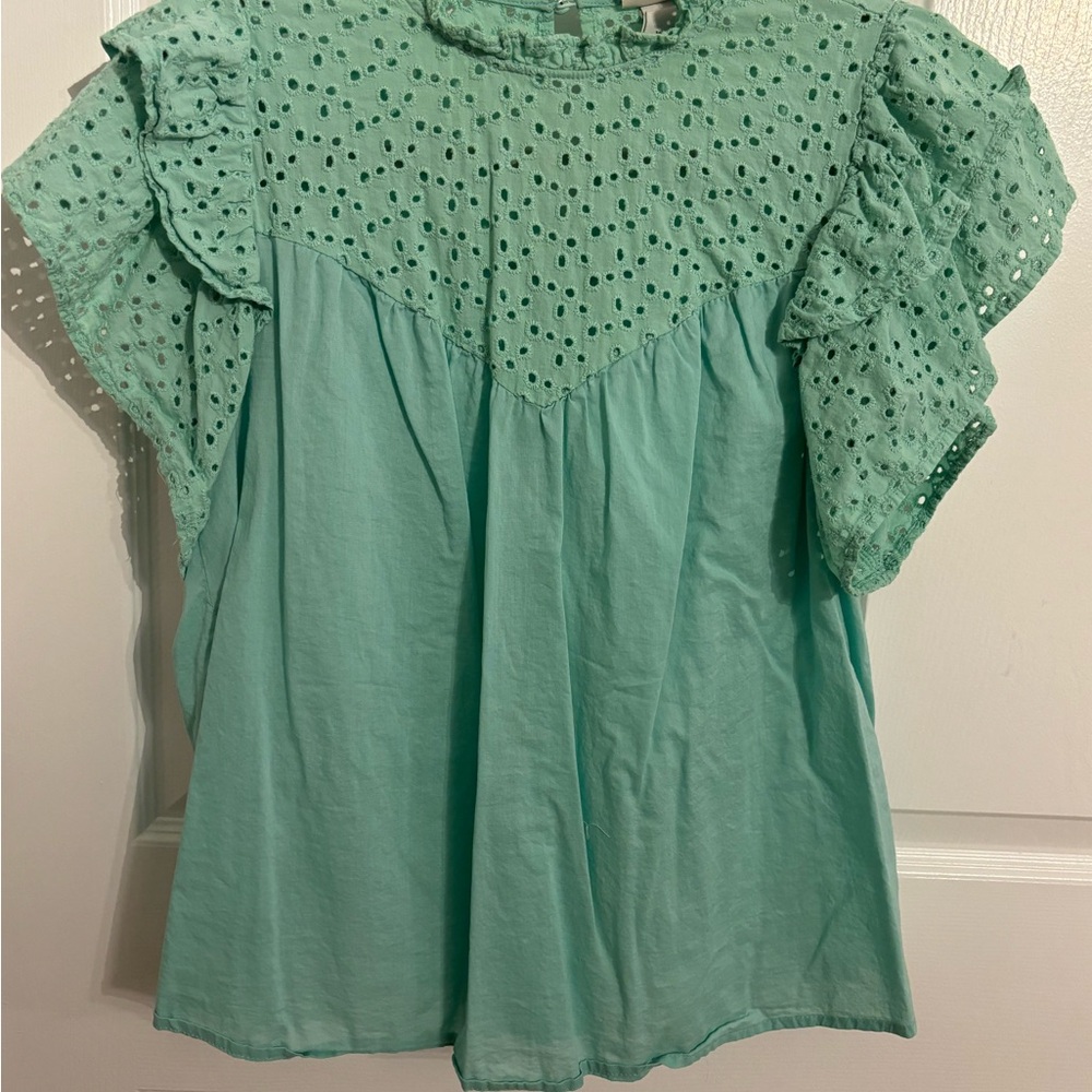 Mint Green Eyelet Ruffle Sleeve Top